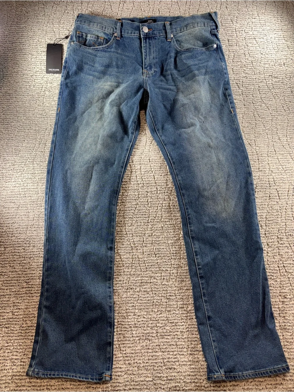 NWT True Religion 38/34 Medium Ocean Storm Ricky Ladder Stitch Straight Jeans